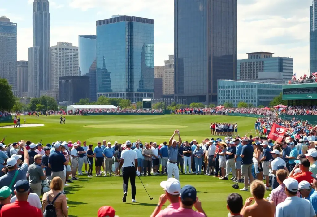 A vivid scene from a PGA Tour golf tournament with spectators and players eagerly engaged.