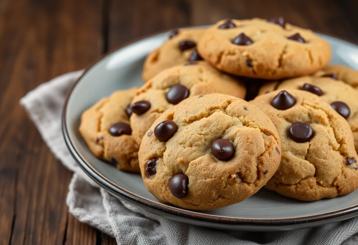 A plate of warm, gooey Pine Canyon cookies with chocolate chips.