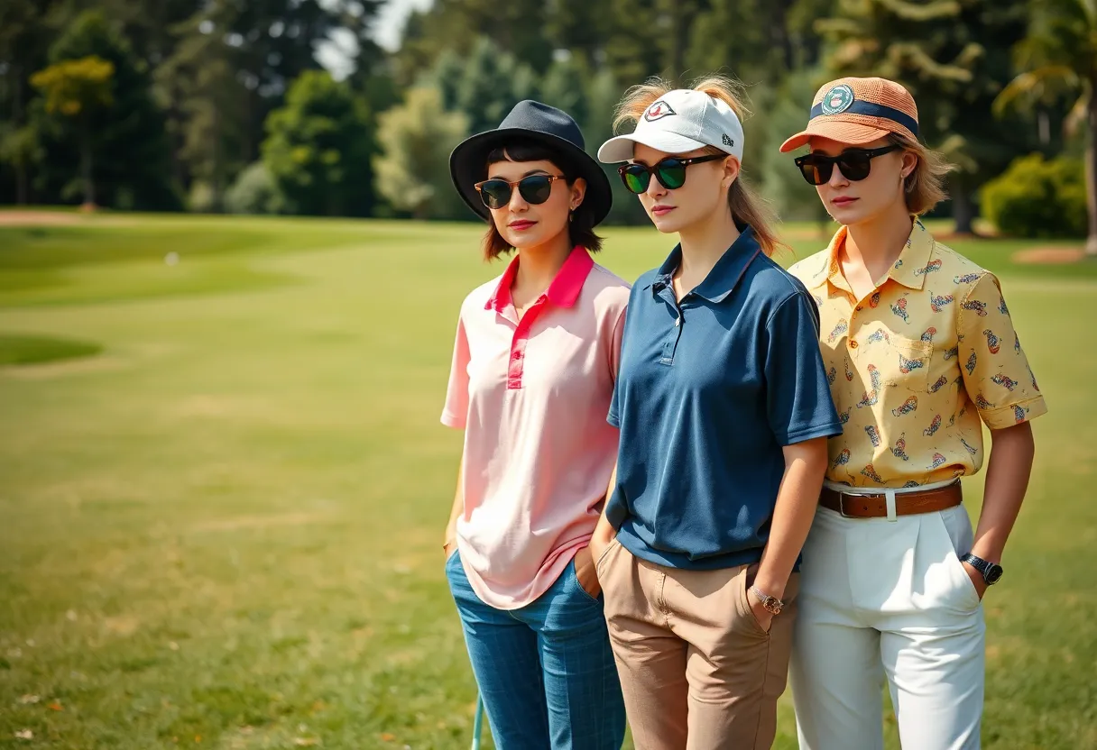 Collection of vintage and upcycled golf apparel displayed on a golf course