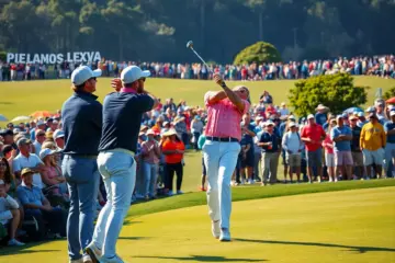 A lively golf tournament with players competing on a golf course.
