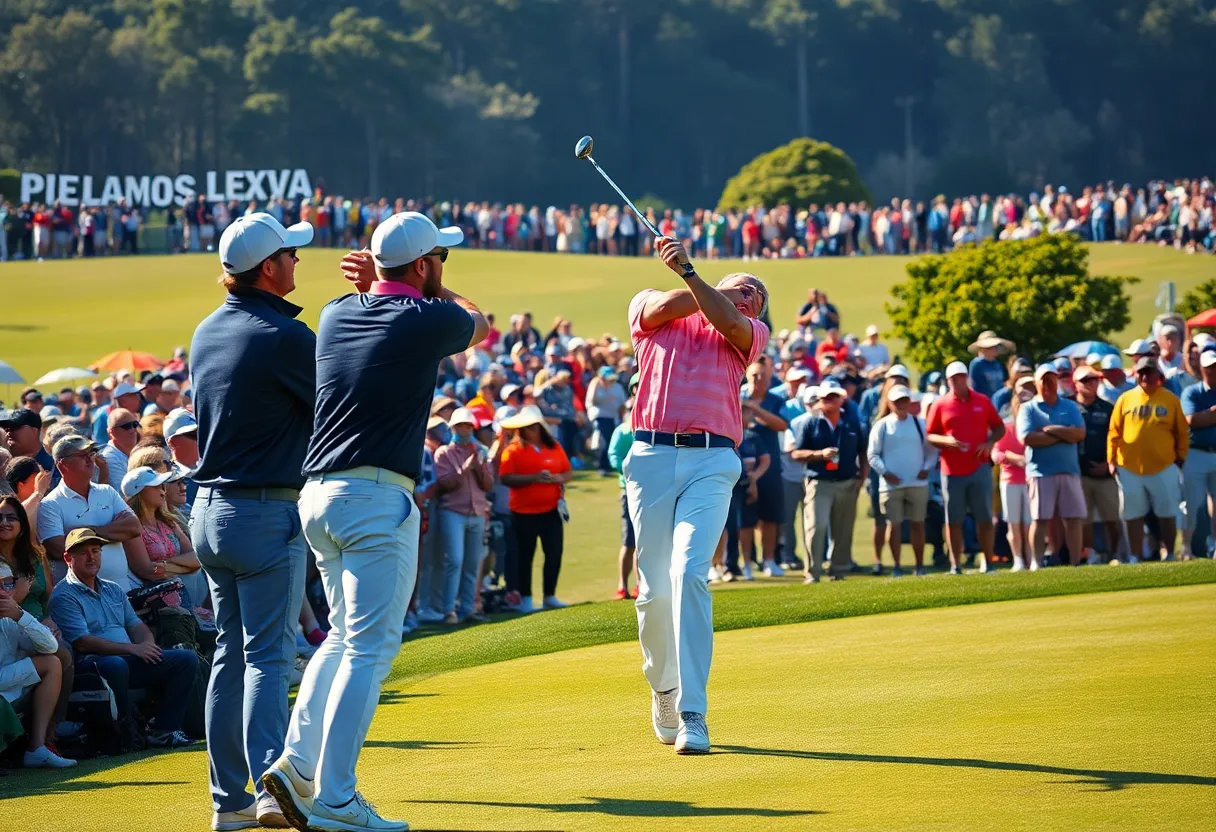 A lively golf tournament with players competing on a golf course.