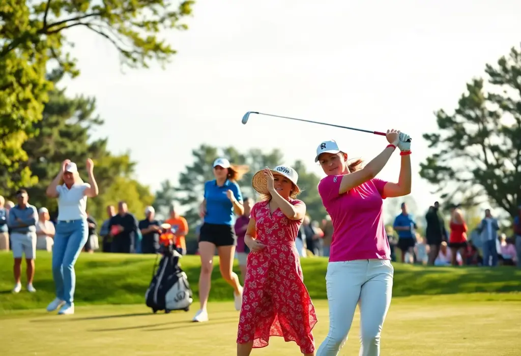 Professional women's golf players competing on a sunny golf course
