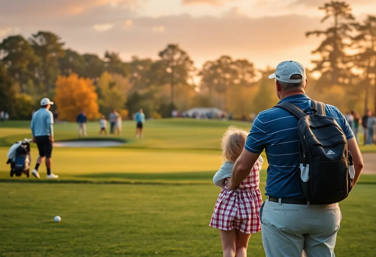 Golf course landscape with players engaged in play, representing the world of professional golf.