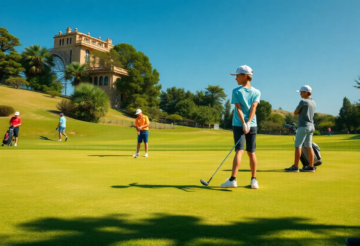 Young golfers practicing on a sunny golf course