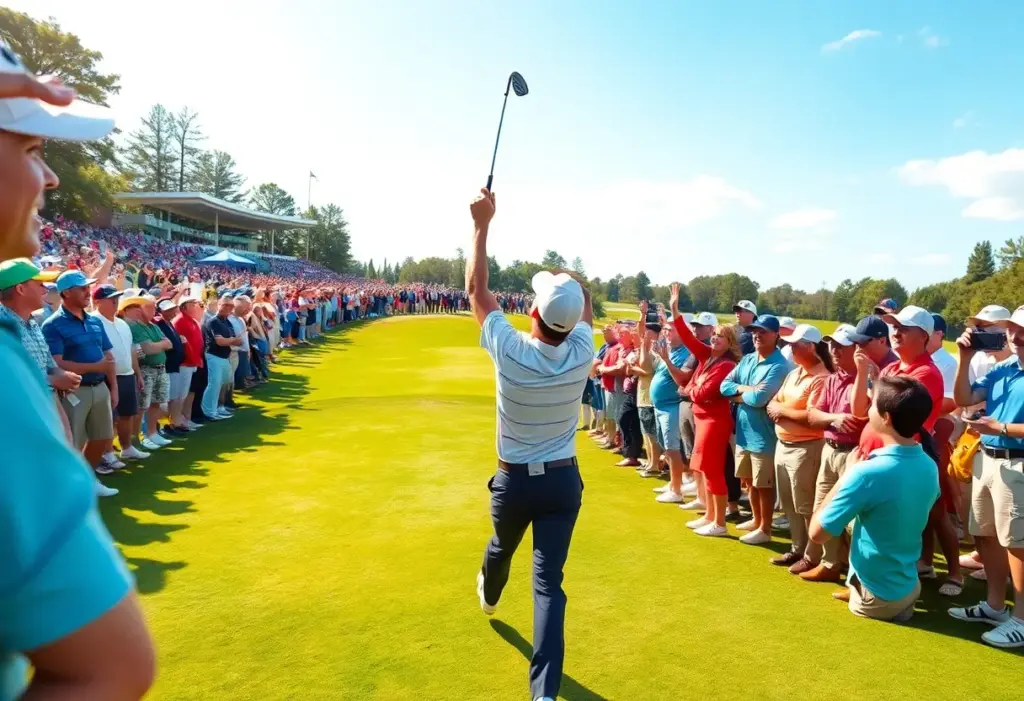 A jubilant crowd celebrating at the Australian Open golf tournament.