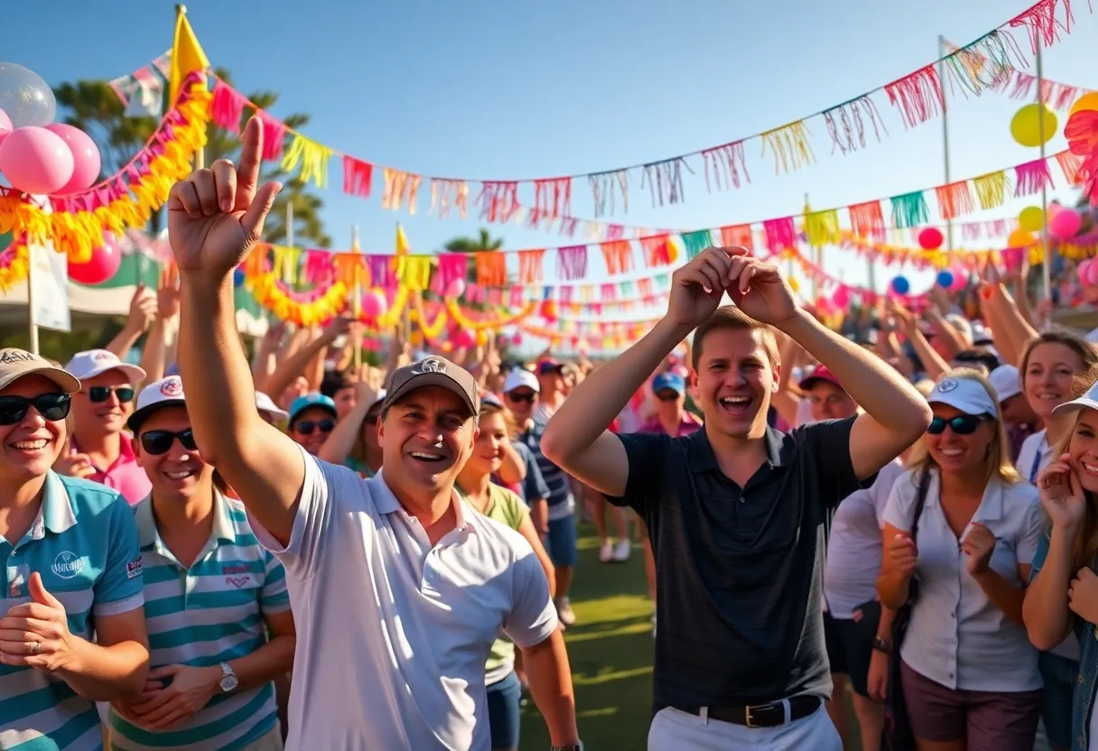 Celebration scene for a golfer's birthday with fans.