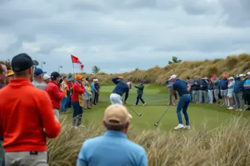 Golf tournament in progress with spectators and players