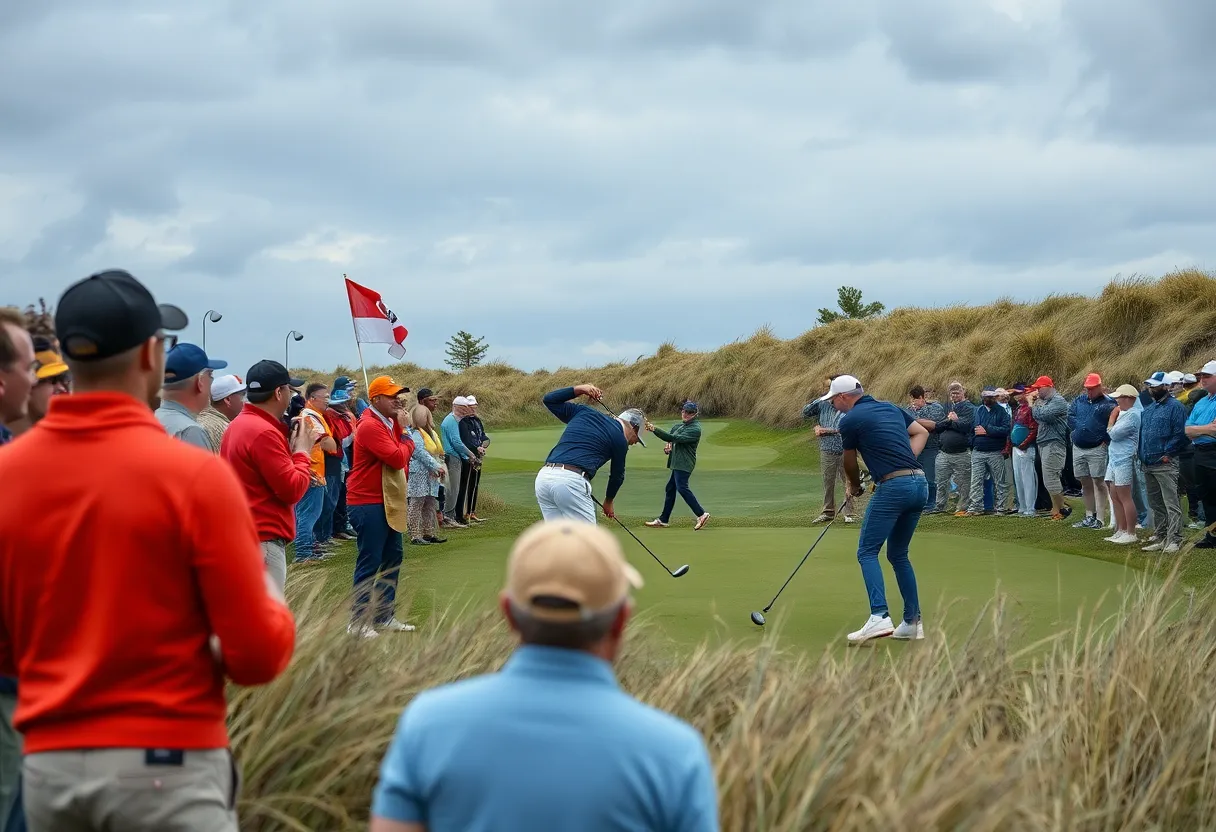 Golf tournament in progress with spectators and players