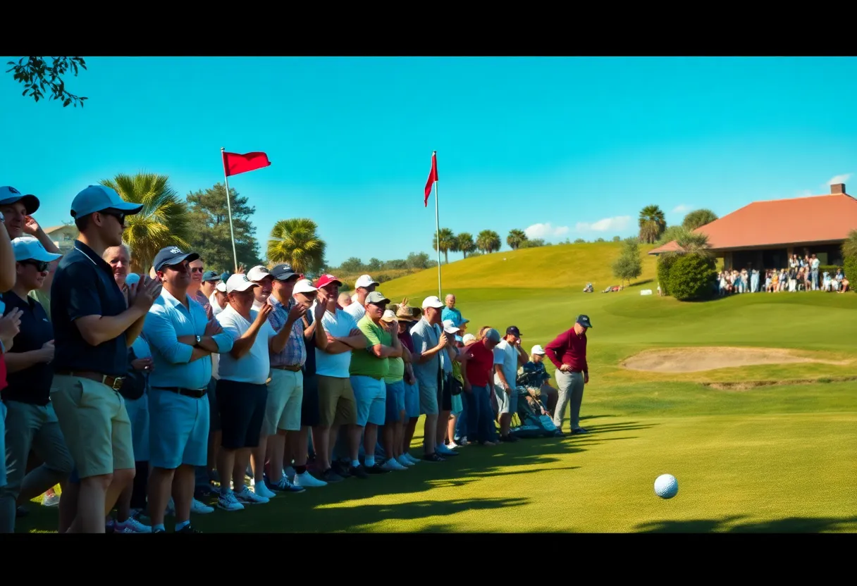 Crowd cheering as a golf ball lands in the hole on a golf course.