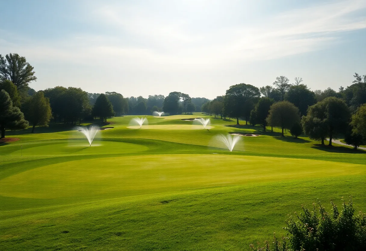 Lush green golf course at Royal County Down with new irrigation system.