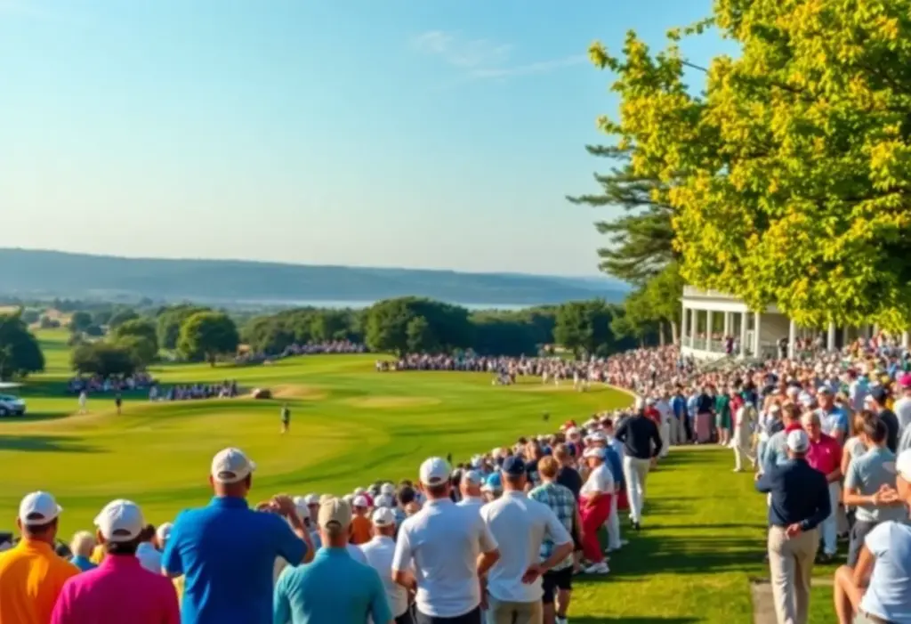 Golfers competing in an international golf tournament with spectators