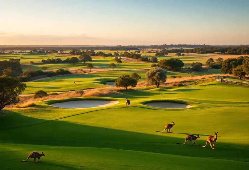 Golf course scenery in Australia's Sandbelt region with bunkers and wildlife