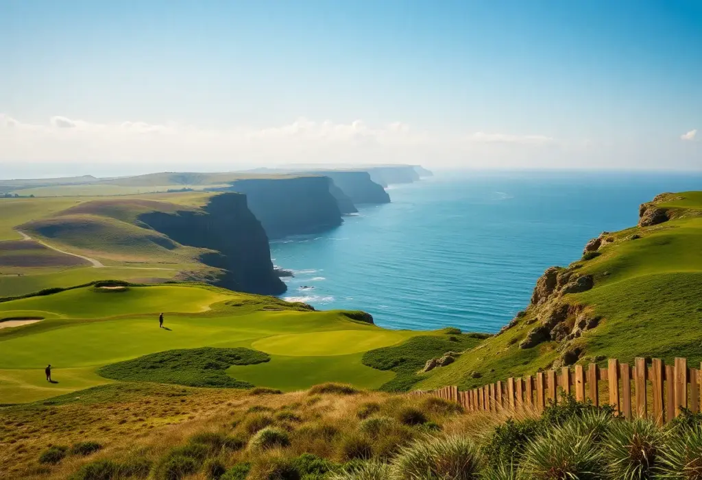 Golfers playing at Saunton Golf Club's East Course with coastal views.