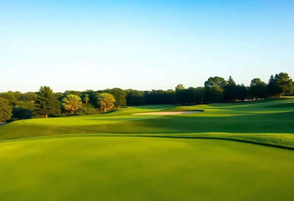 Vibrant green fairways of a golf course under clear skies