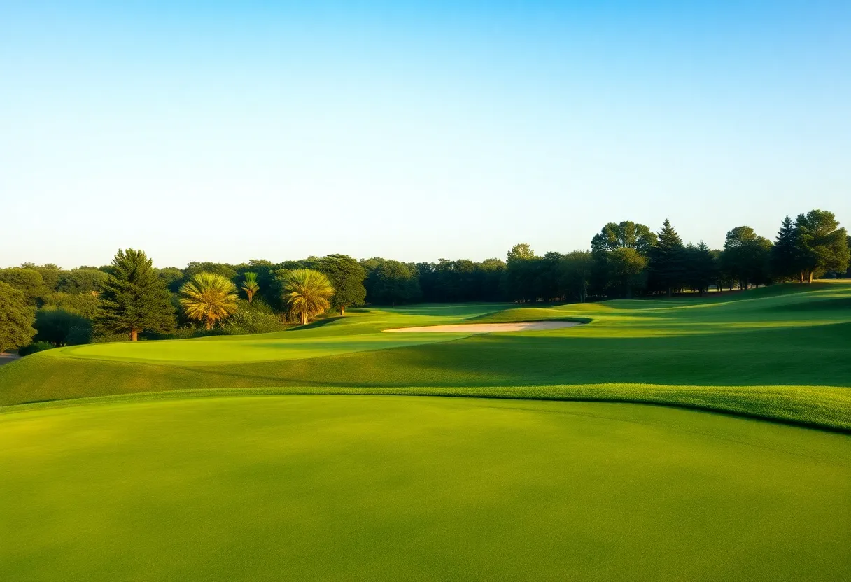Vibrant green fairways of a golf course under clear skies