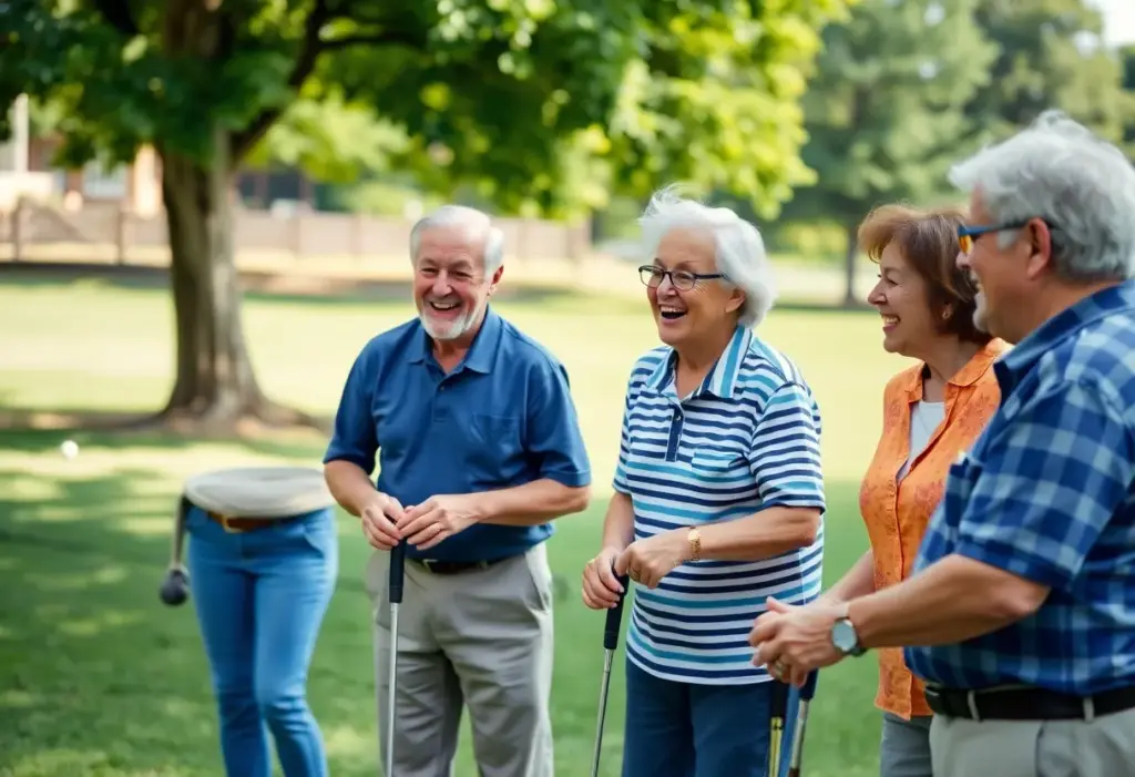 Seniors playing park golf outdoors