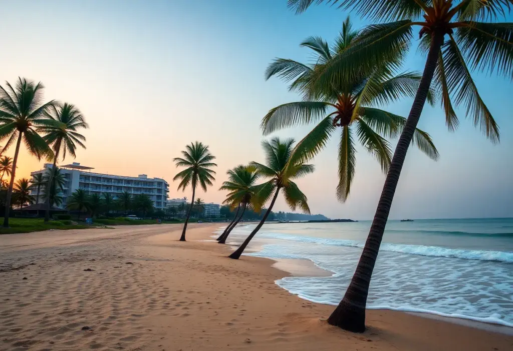 A peaceful beach in South Goa with palm trees and gentle waves.