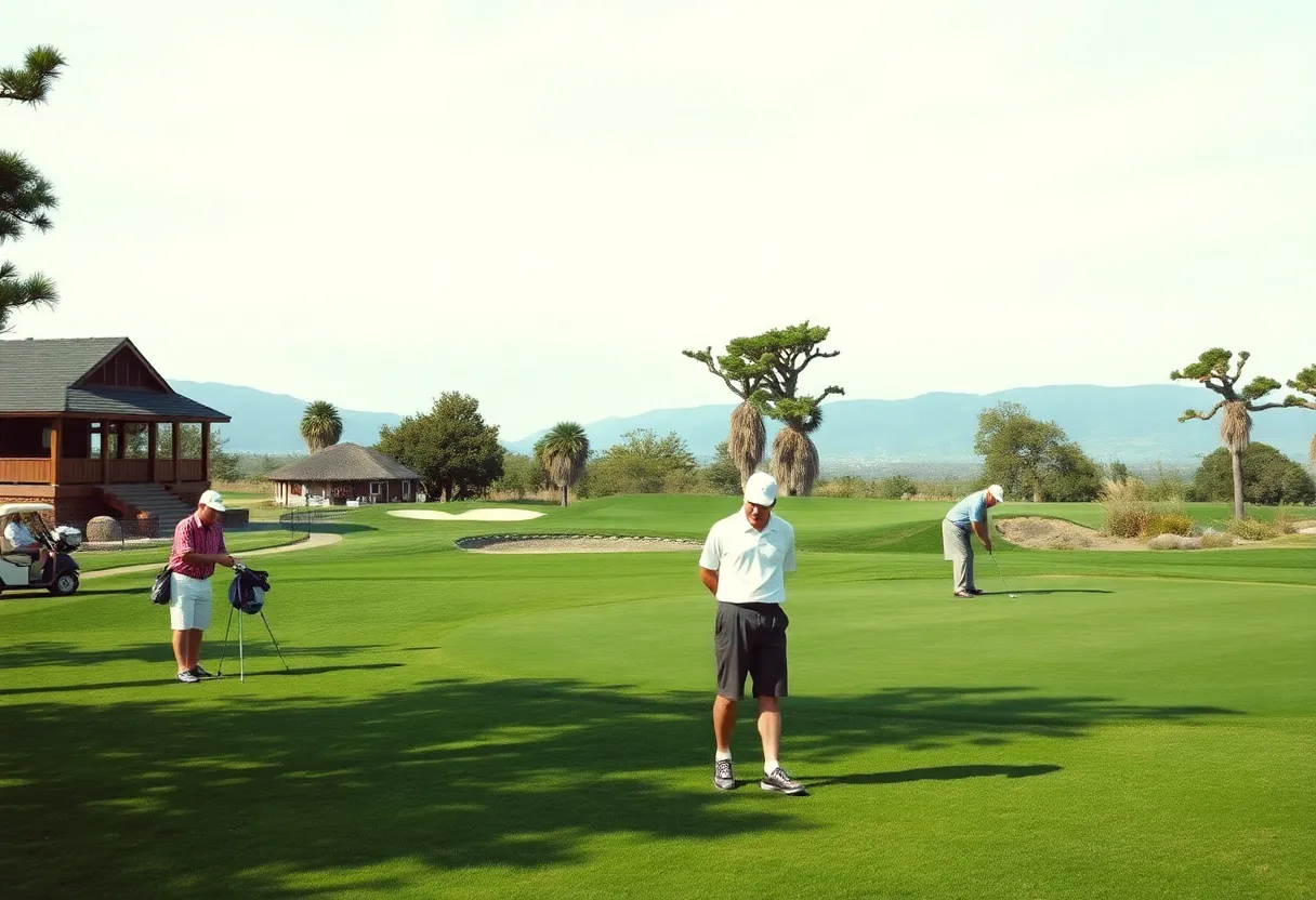 Golfers playing on a scenic golf course reminiscent of classic golf shows