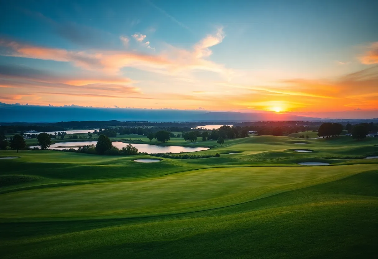 A picturesque view of Shoreacres Golf Course at sunset