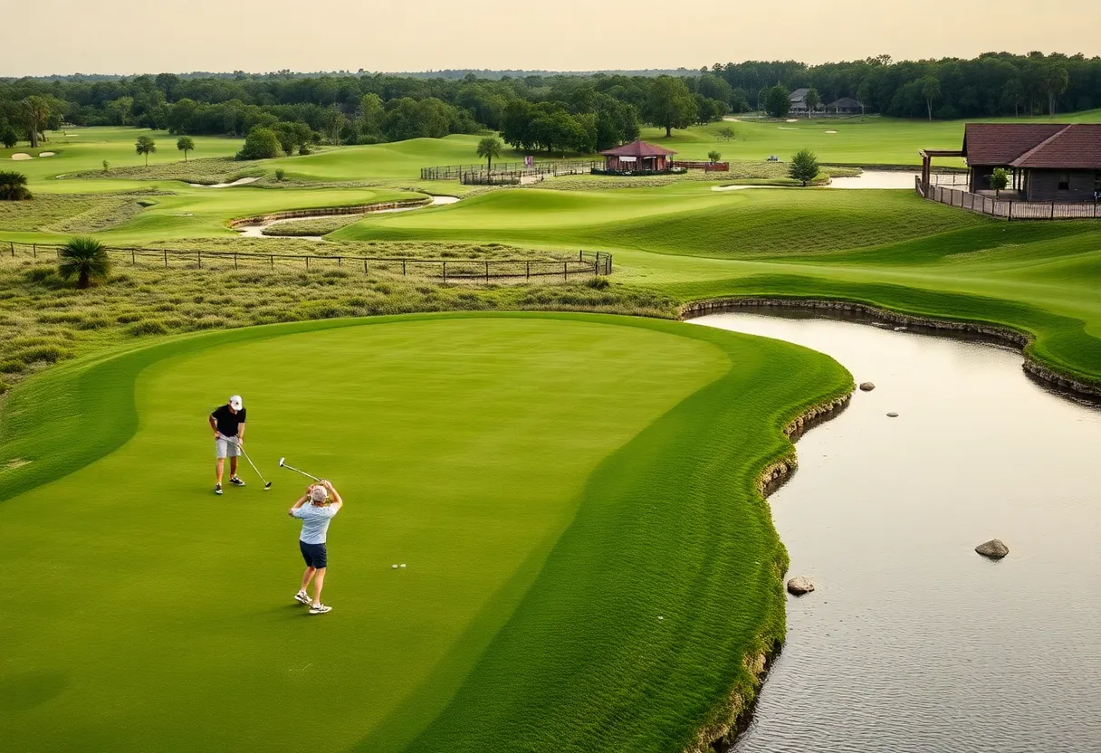 Golfers playing on the beautiful Streamsong Resort golf course