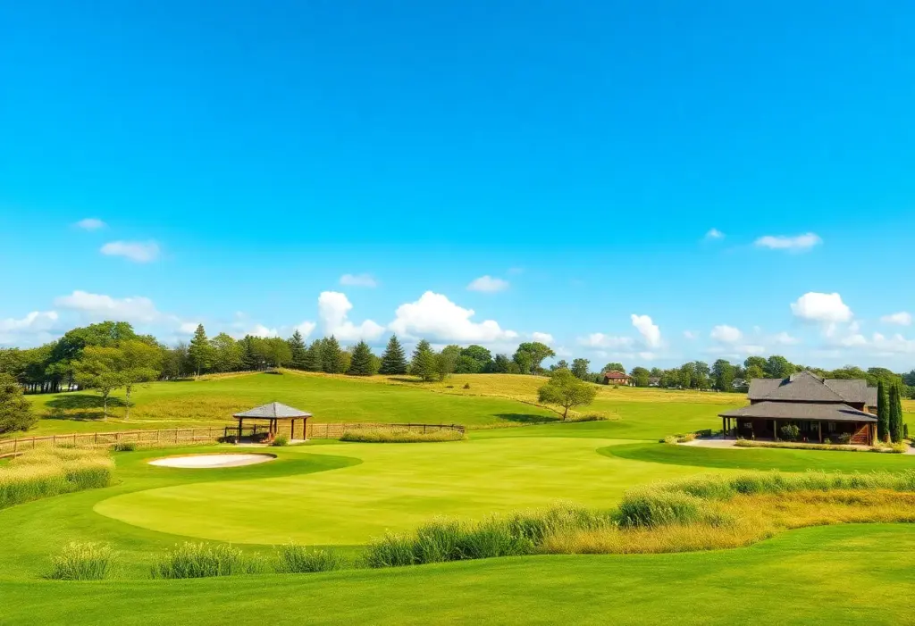 A scenic view of a sustainable golf course with wildlife habitats