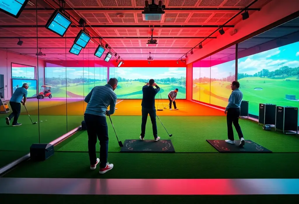 Players engaging in a high-tech indoor golf match