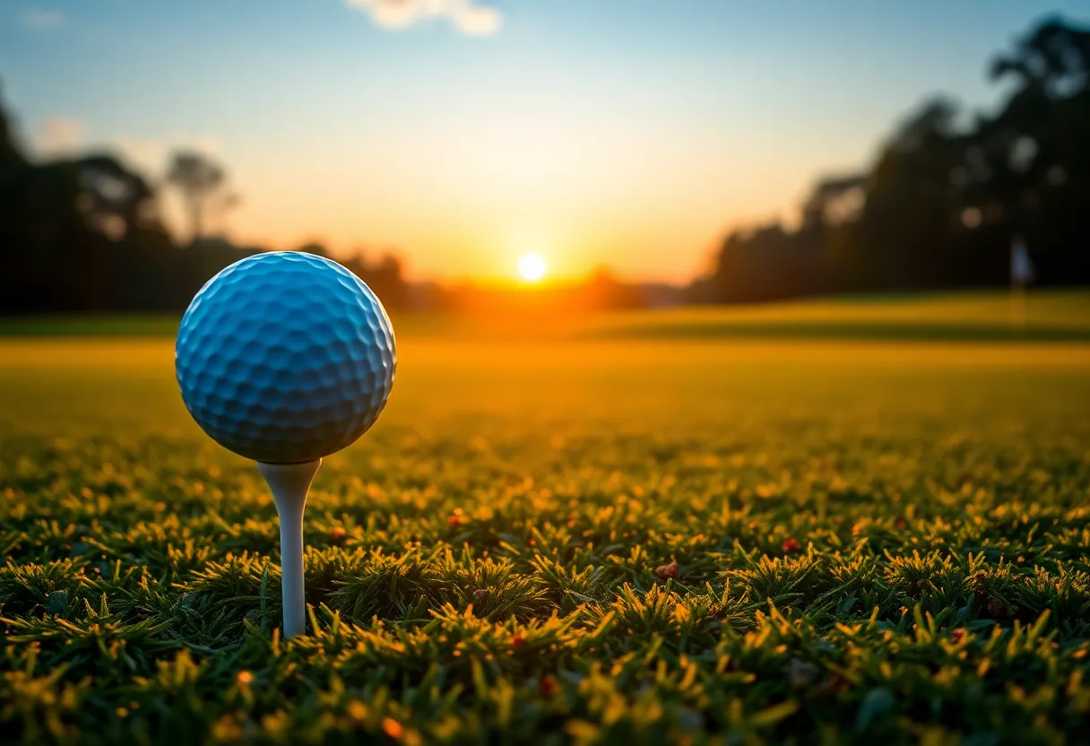 A sunset view of a peaceful golf course with a tee and ball.