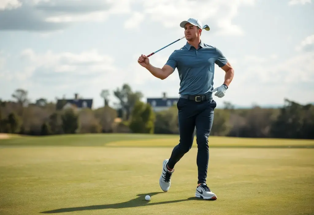 Athletic golfer training on the golf course