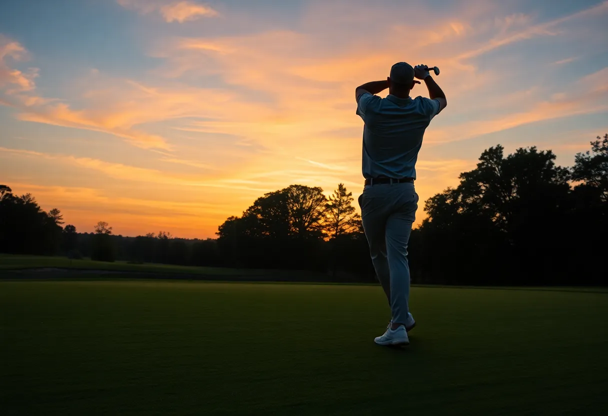 A golfer practicing on a beautiful golf course at sunset.
