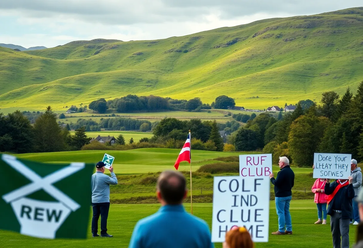 Trump's arrival at a scenic golf course in Scotland amidst protests.