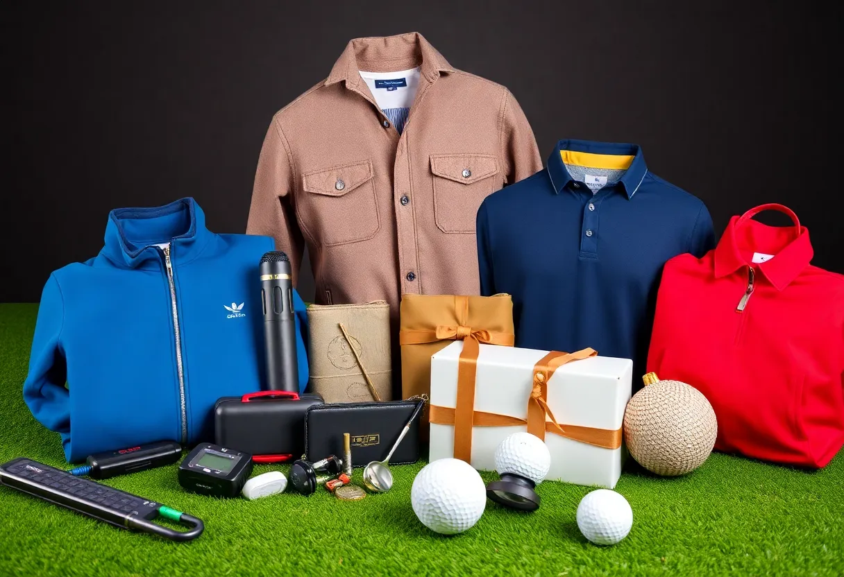 Assorted unique golf gifts arranged for holiday shopping