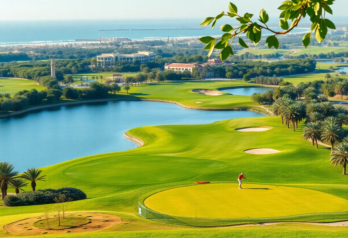 Scenic view of Yas Links golf course in Abu Dhabi.