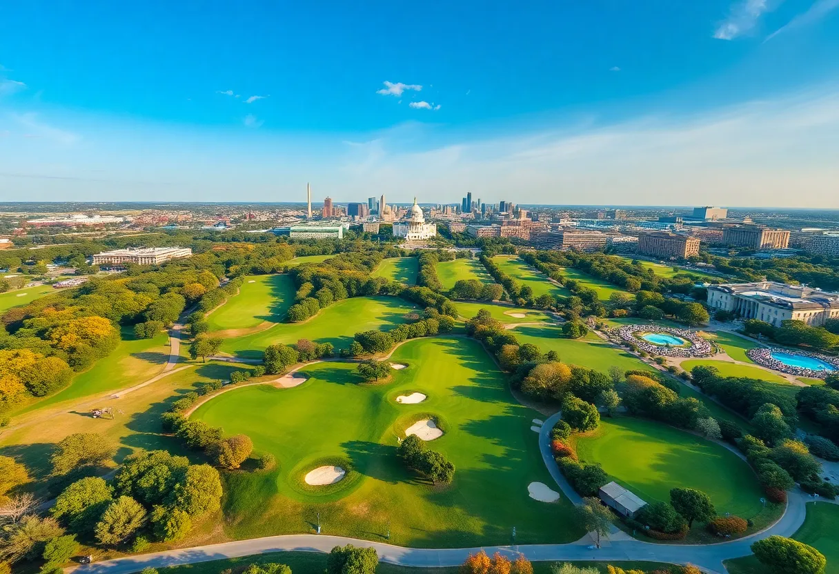 Aerial view of golf courses in Washington D.C. with city skyline