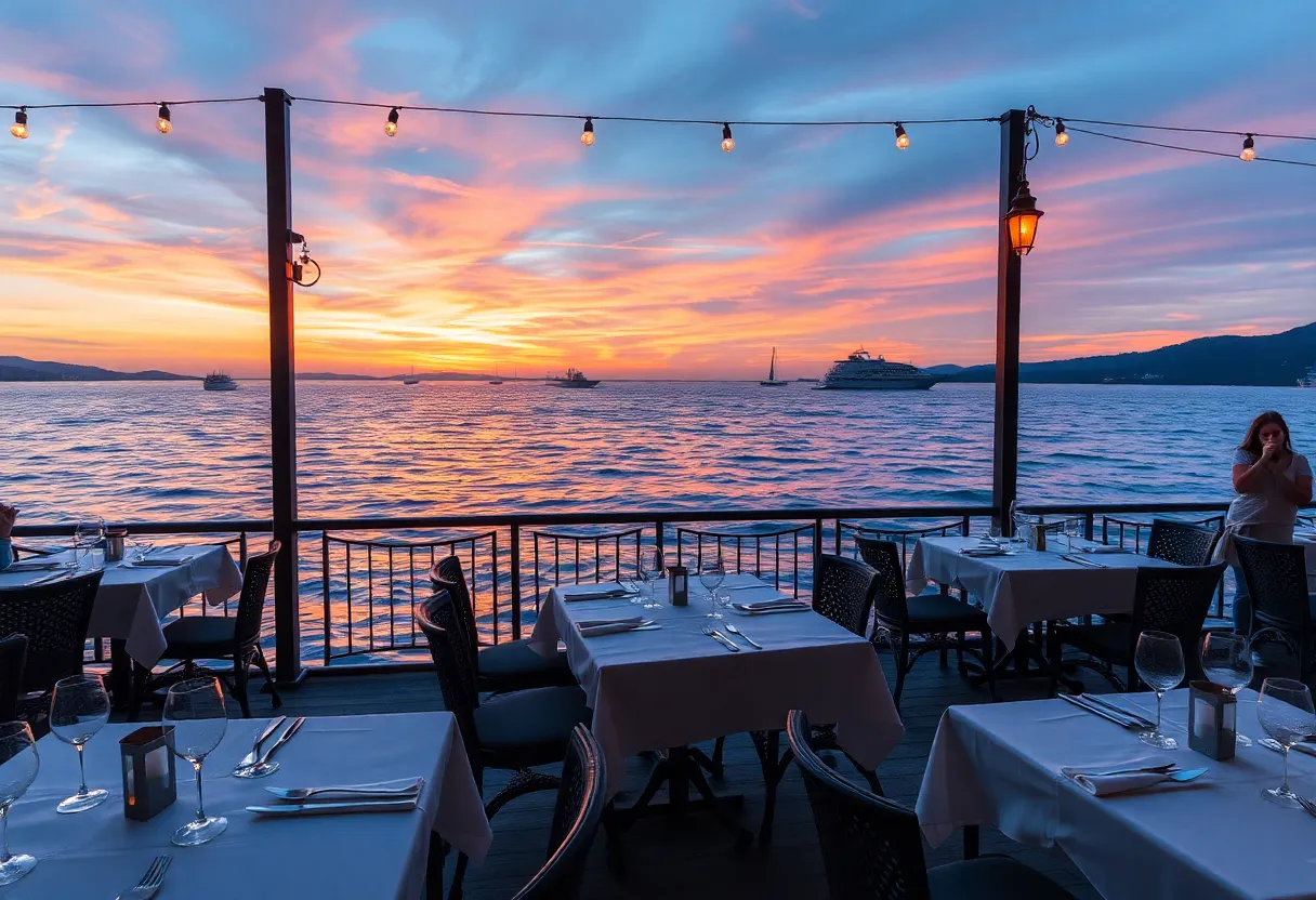 Beautiful waterfront dining at sunset in Palm Beach County