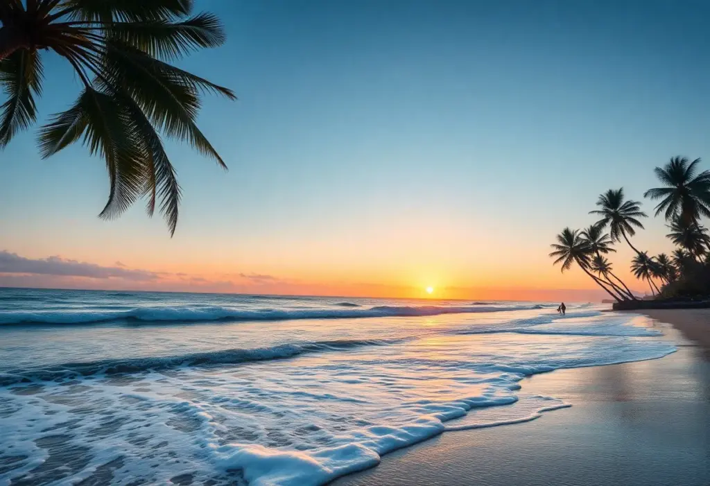 Scenic view of a beach during winter with oceanfront and palm trees