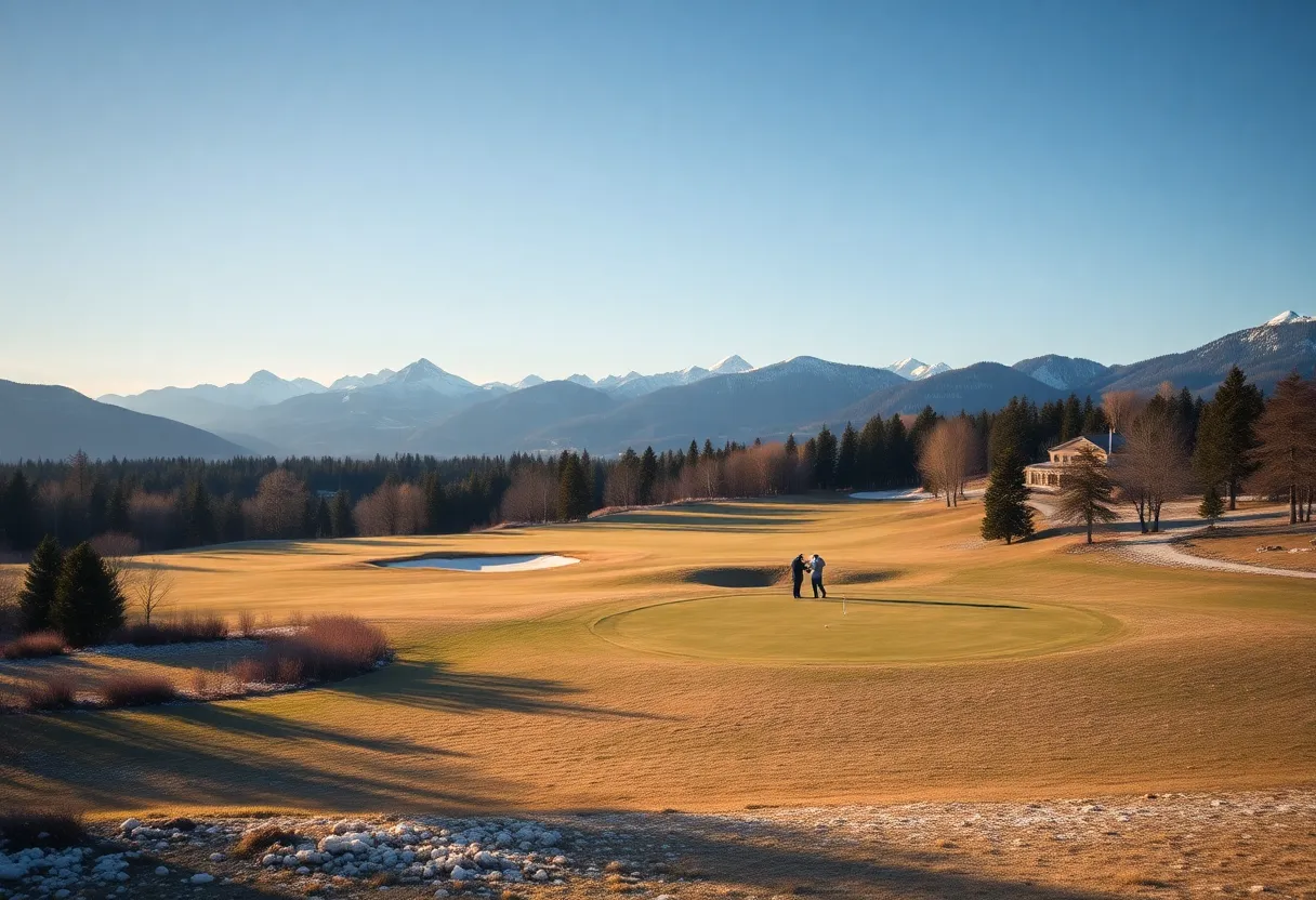 Scenic winter golf course with golfers playing