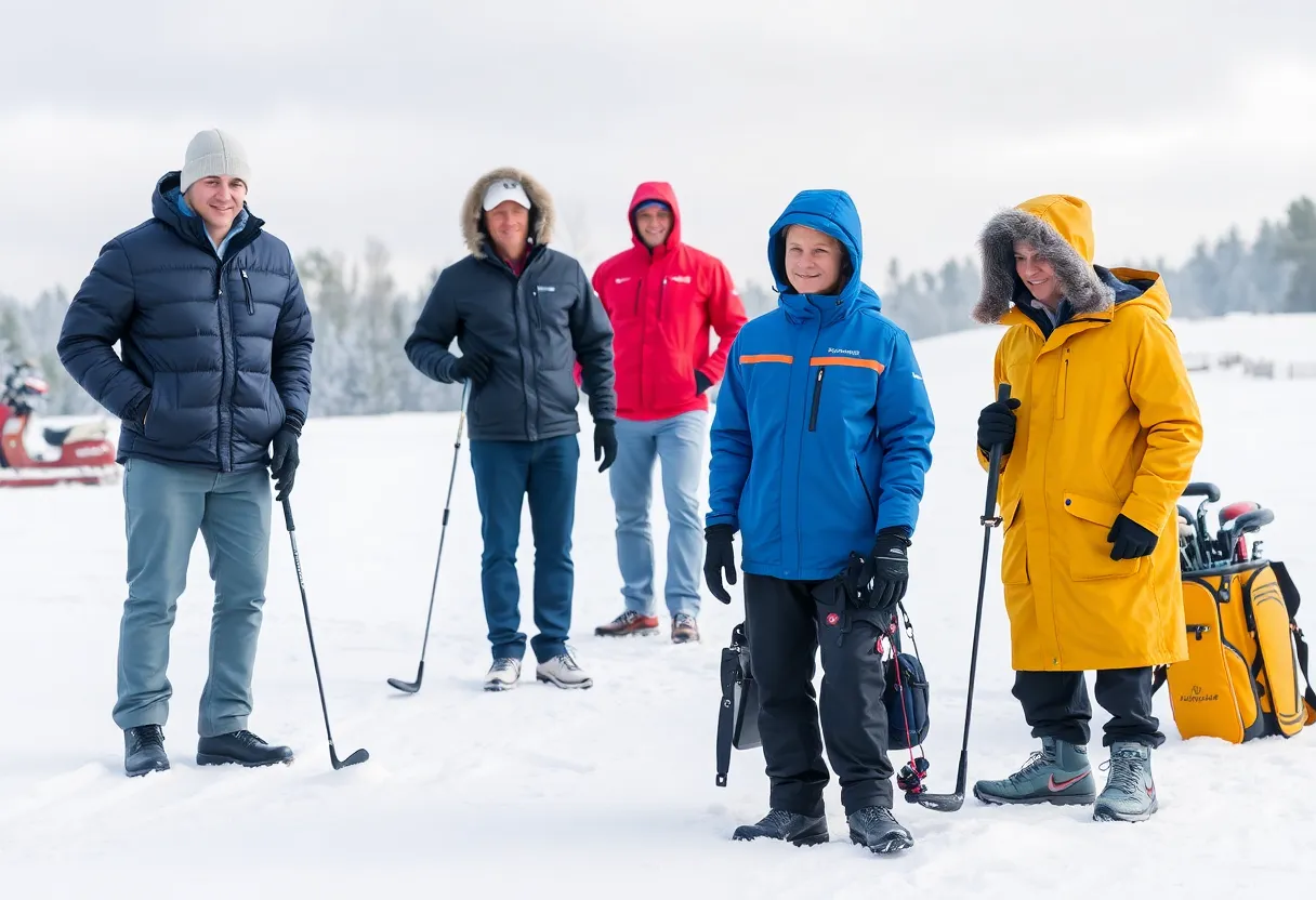 Various winter golf gear laid out on snow-covered grass, including waterproof jackets, gloves, and shoes.