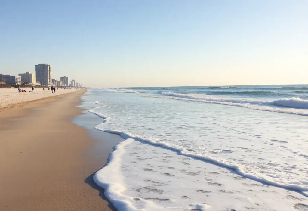 Winter scene in Myrtle Beach, showing beachgoers enjoying the warm weather.