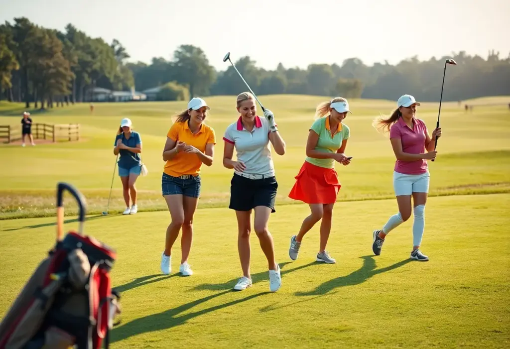 Women golfers competing on a vibrant green course