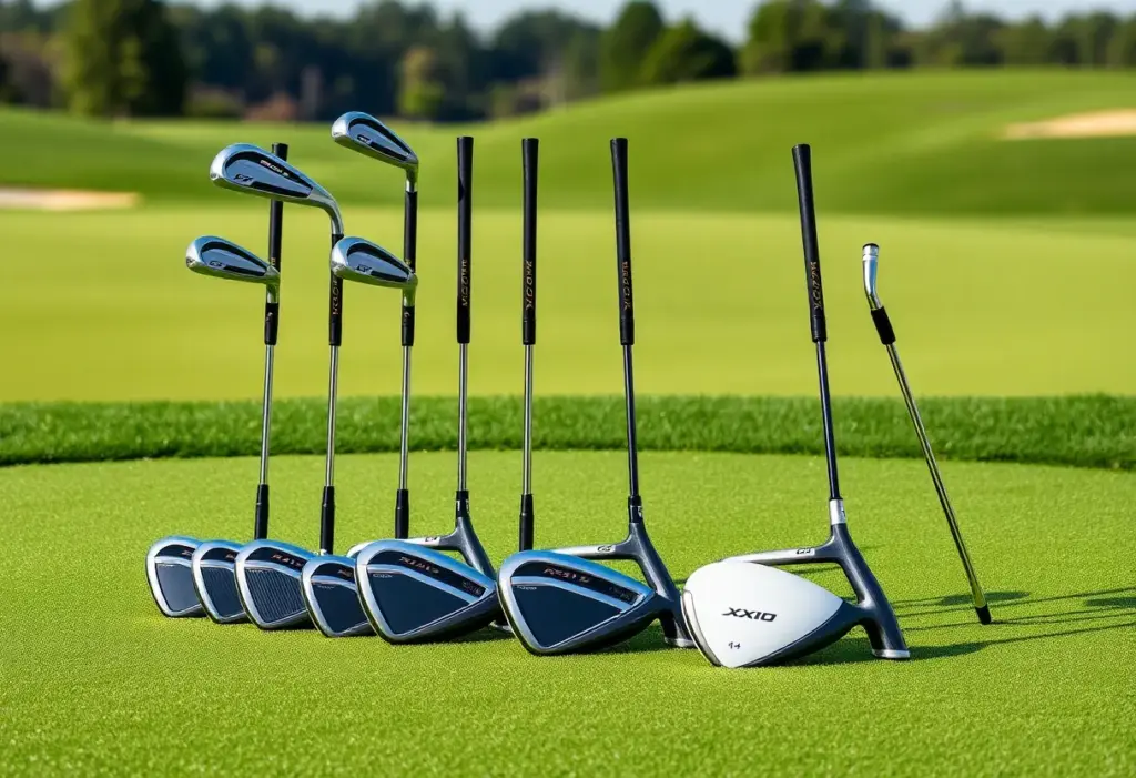 A display of XXIO 14 and XXIO 14+ golf clubs on a golf course.
