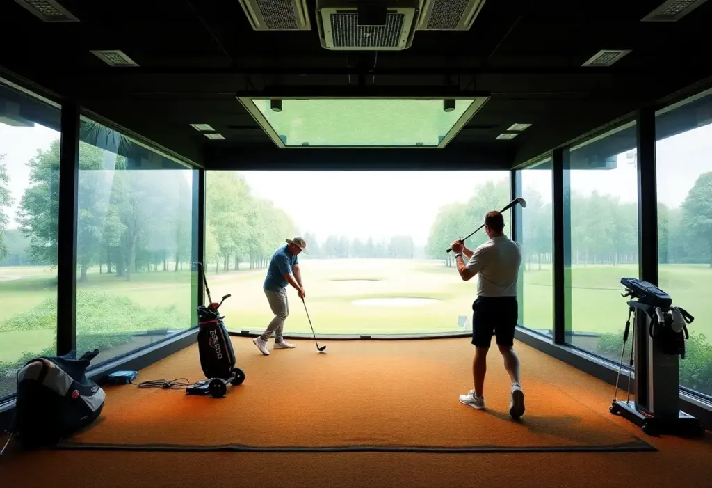 Interior view of an advanced indoor golf training facility with golfers using cutting-edge technology.