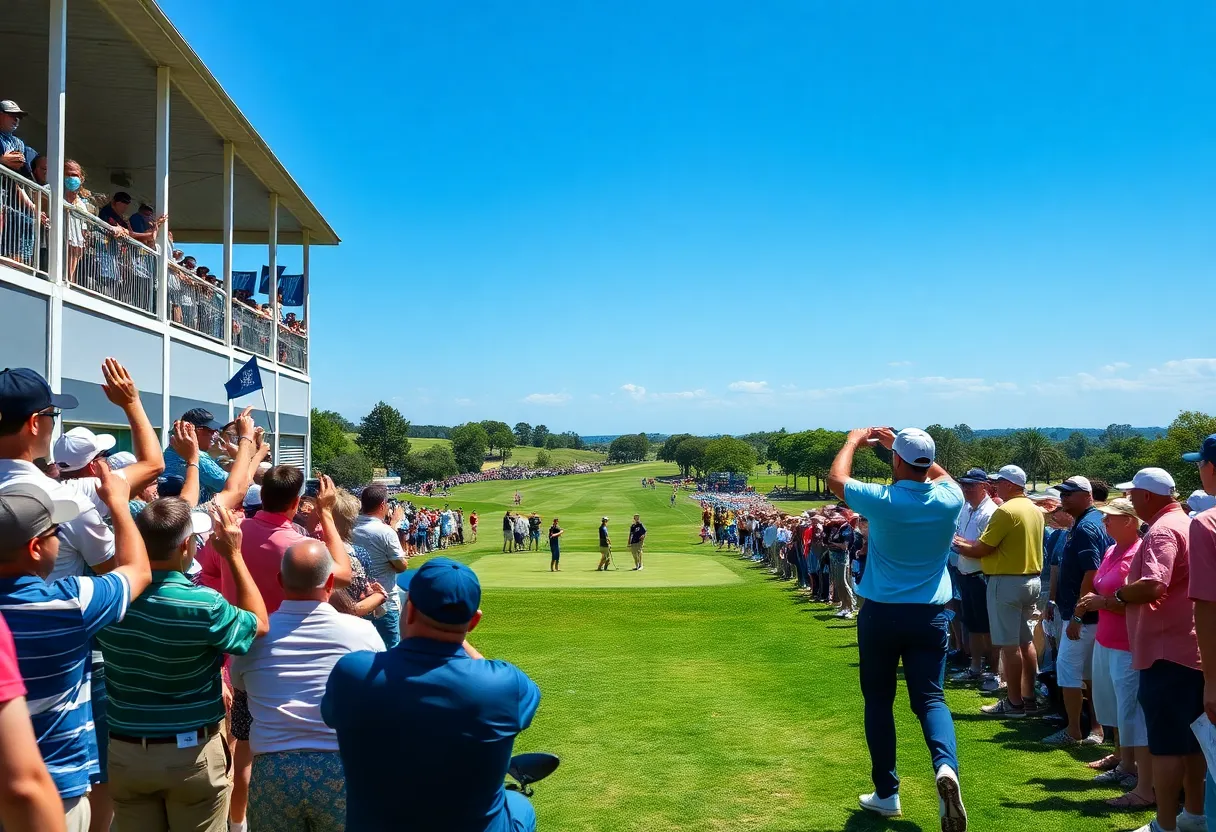 Golf tournament scene with players and spectators