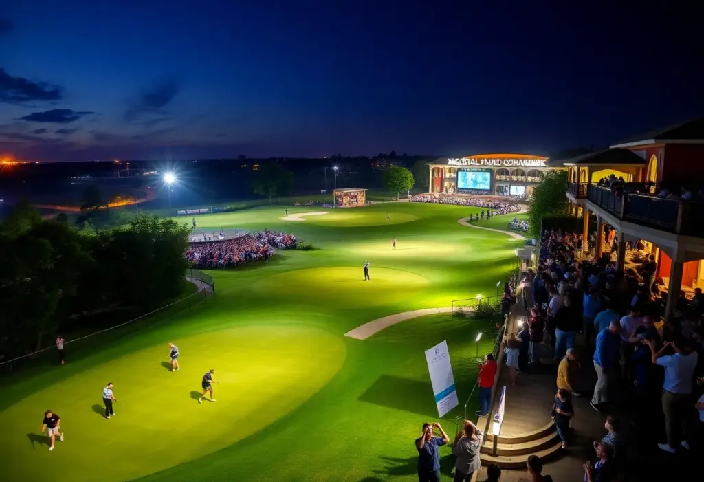 A lively scene from the 2026 LIV Golf season opener featuring illuminated golf courses and festive fans.