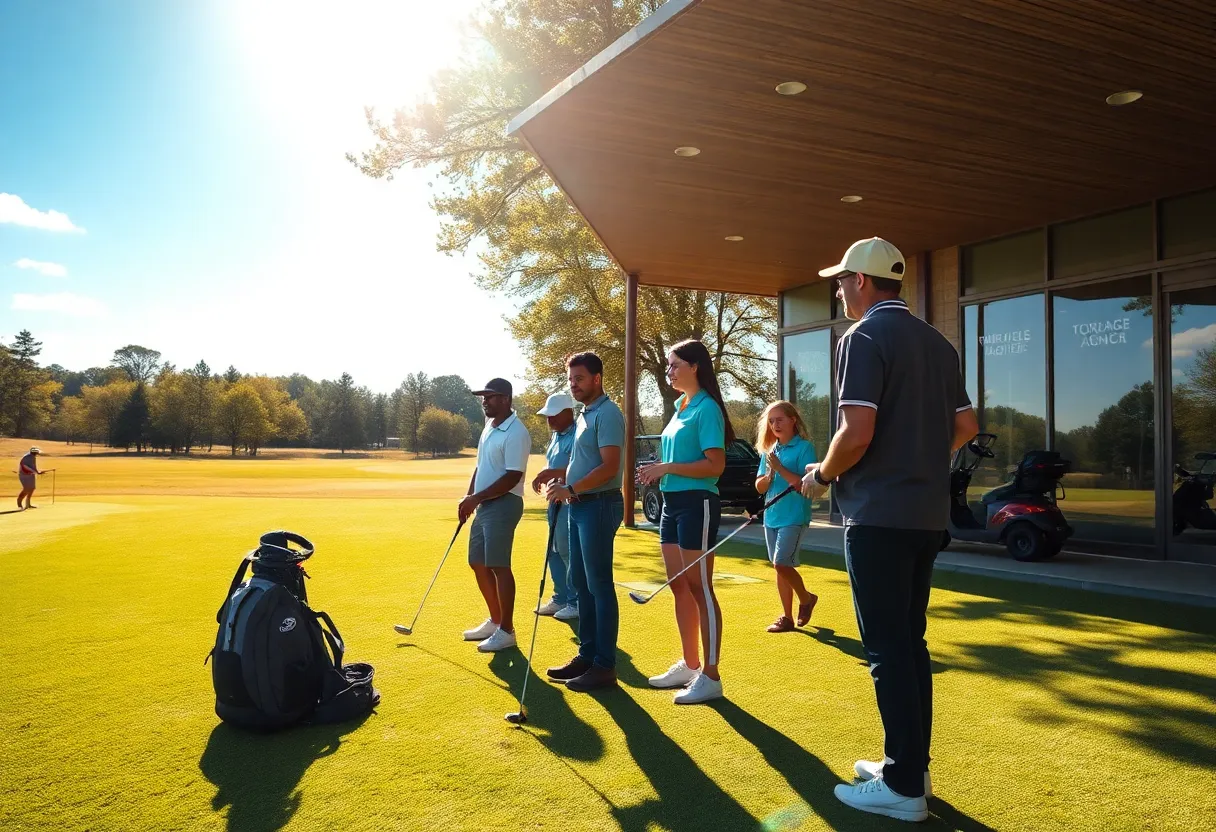 A vibrant golf course training scene depicting aspiring PGA professionals.