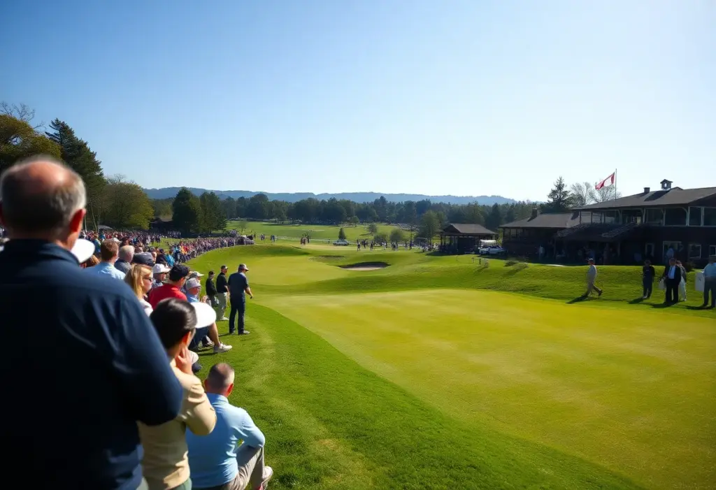 A vibrant scene from the 2026 Sony Open golf tournament with players and spectators