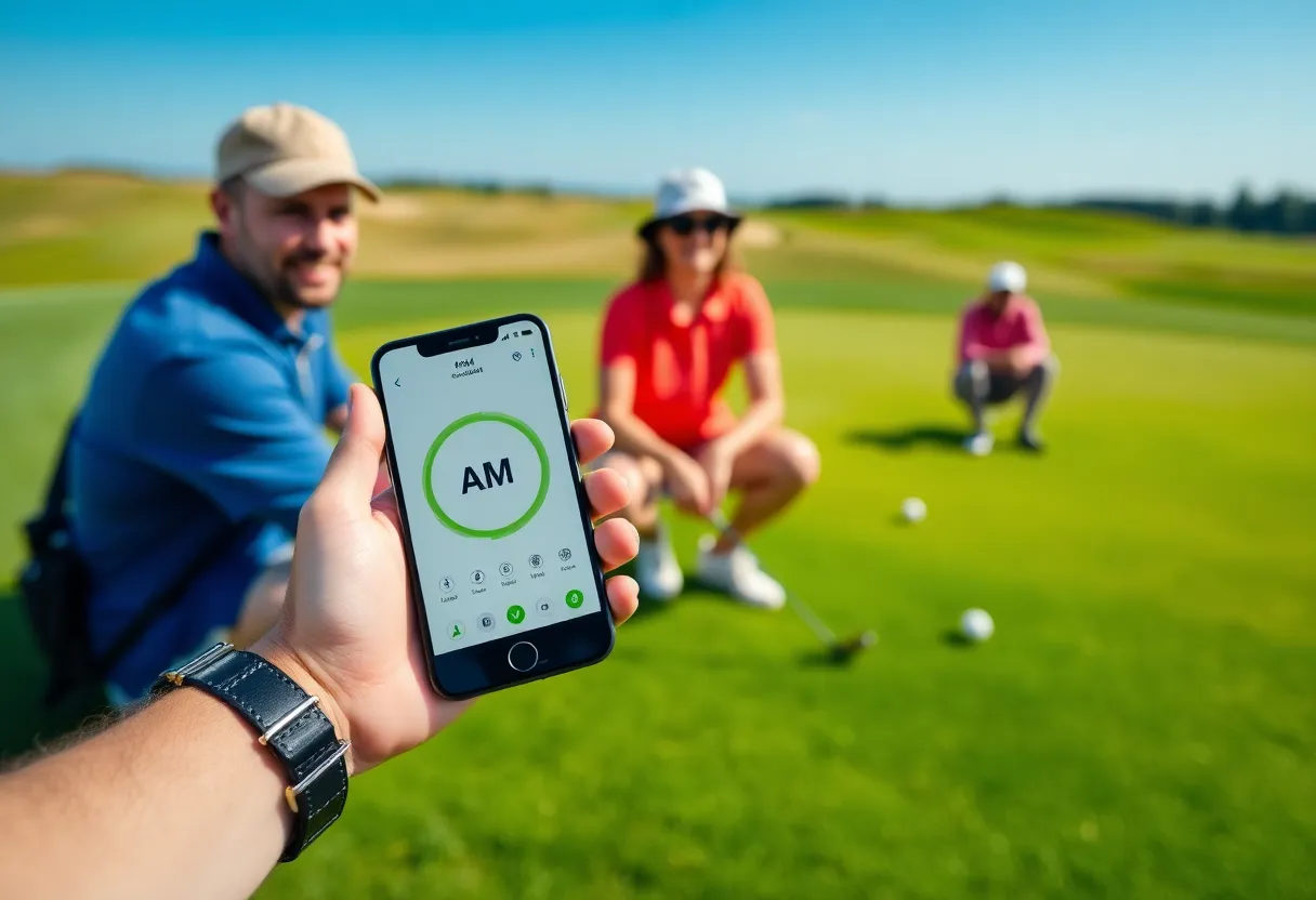 Golfer using AM GOLF app on smartphone while playing golf