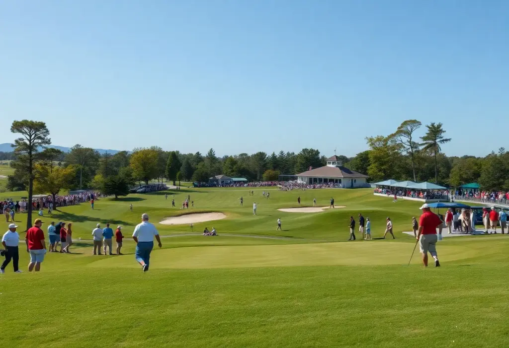 A vibrant scene of the American Express golf tournament featuring the course and enthusiastic fans.
