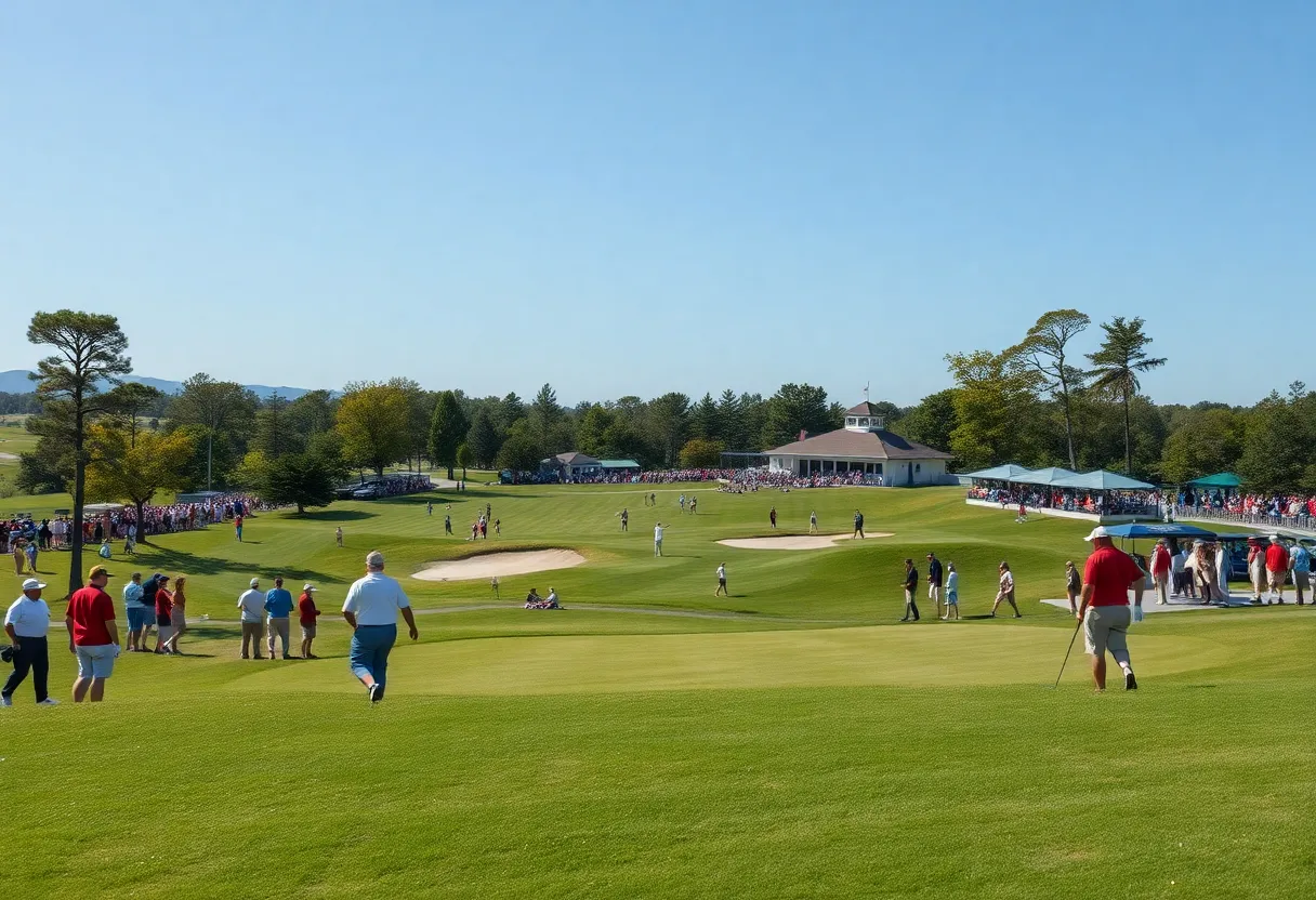 A vibrant scene of the American Express golf tournament featuring the course and enthusiastic fans.