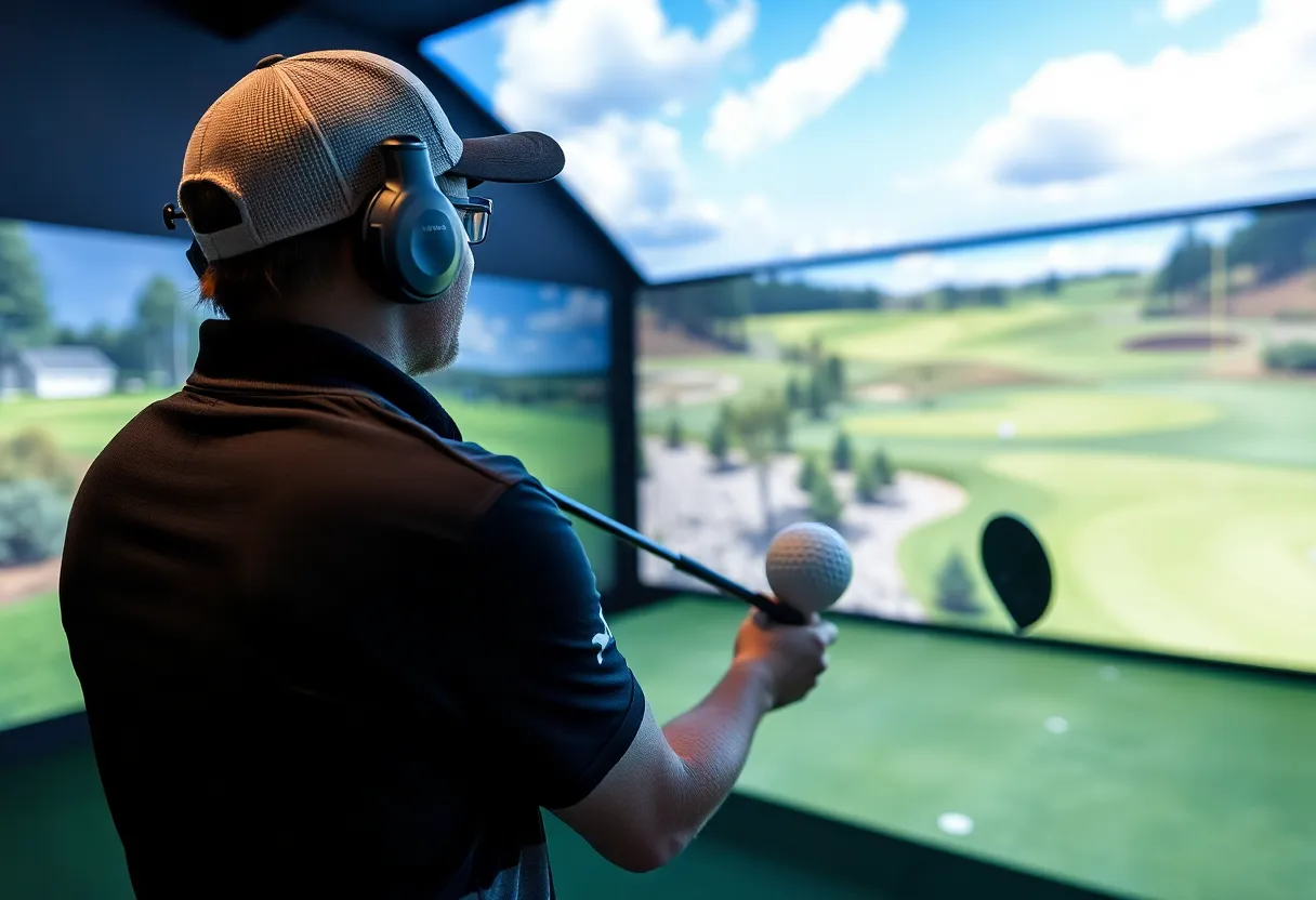 Golfer using a simulator with visuals of golf courses.