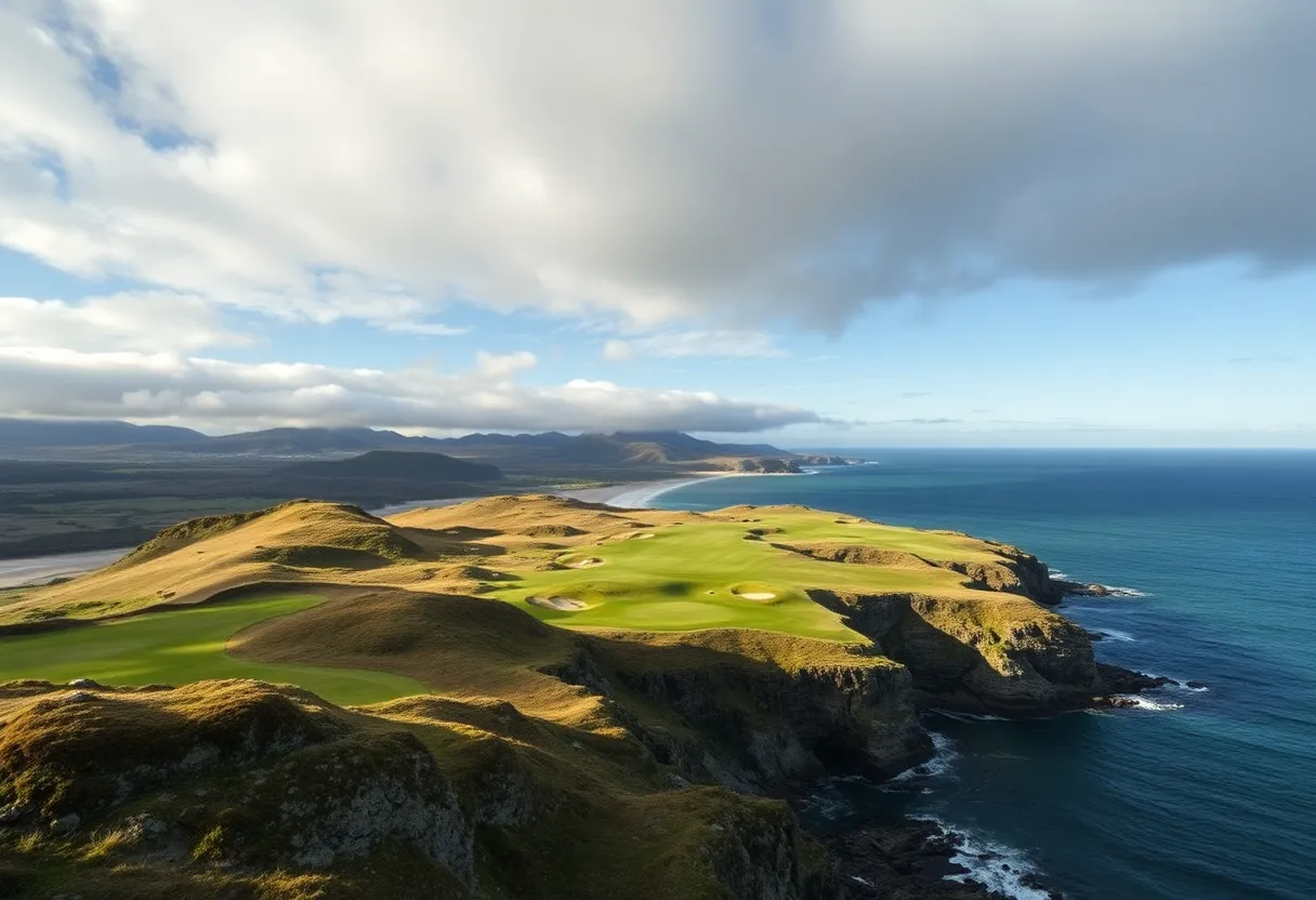 Scenic landscape of Askernish Golf Club with golf greens and ocean view